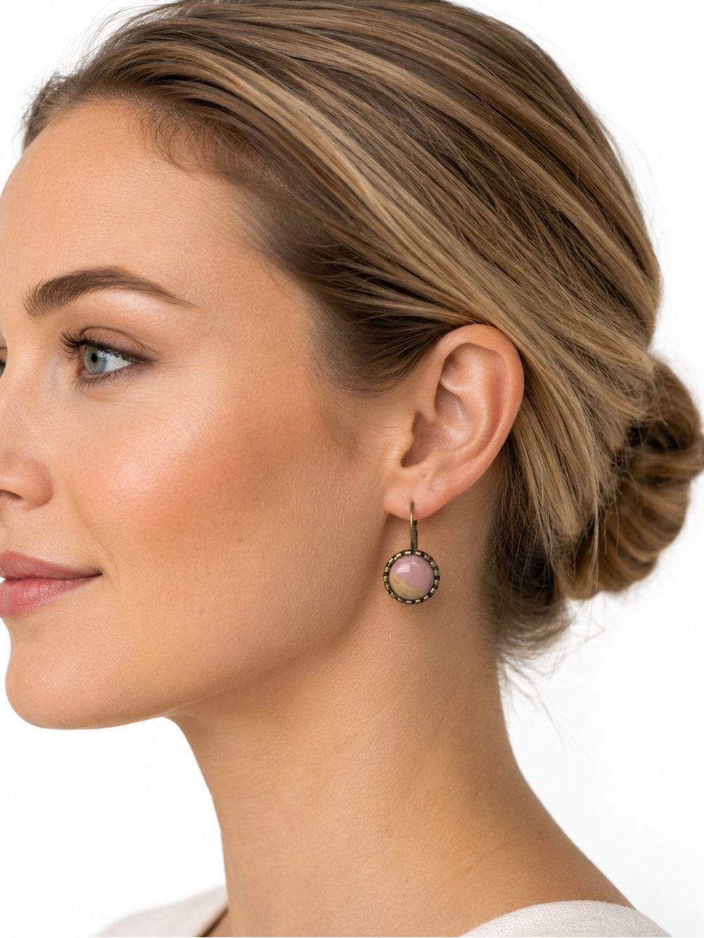 Round Pink Resin Drop Earrings with bronze setting